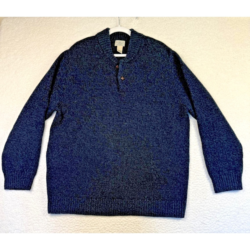 LL Bean Sweater Mens XL Navy Lambswool Button Fisherman New England